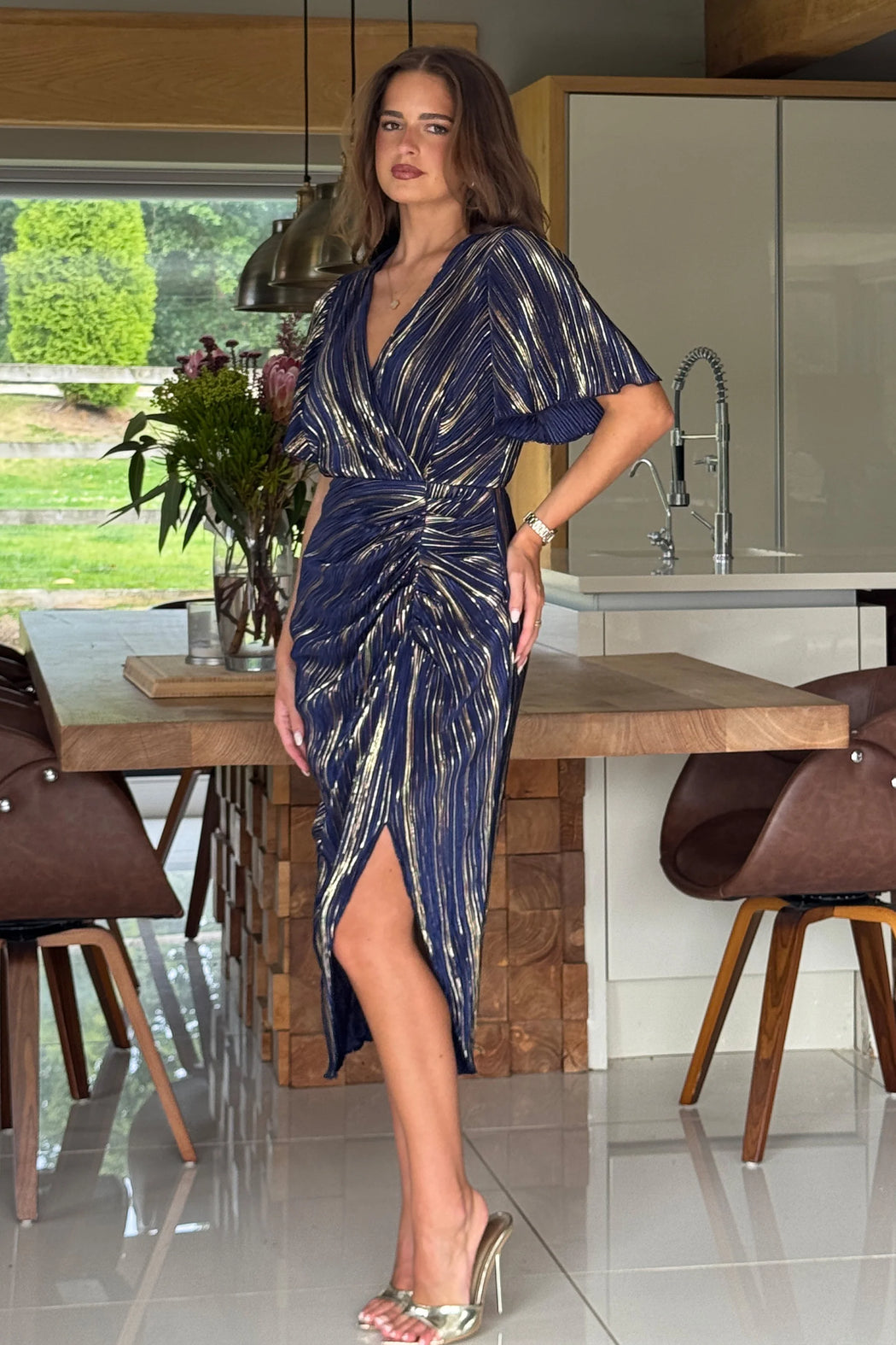 Isla blue  And Gold Plisse Wrap Front Dress