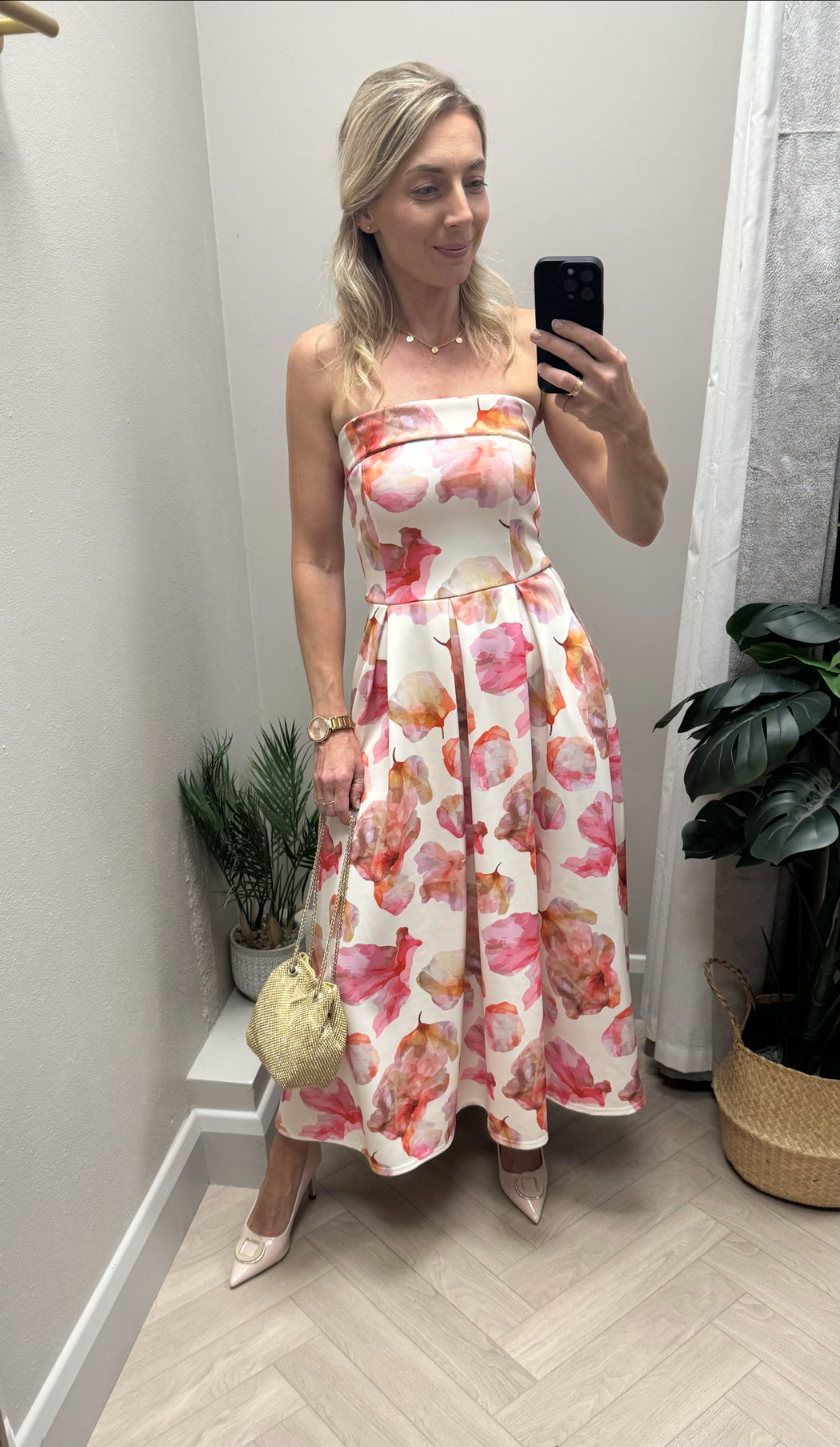 Danni Strapless Bandeau Midi Dress Pink Floral