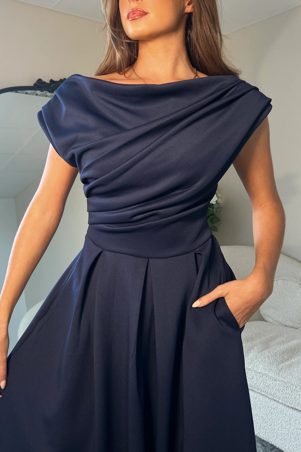 Betty Asymmetric Neckline Skater Midi Navy