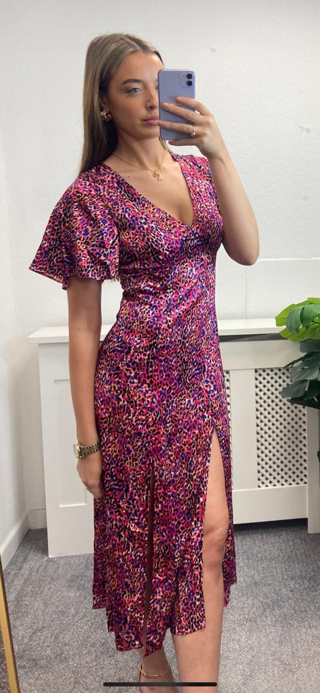 Levi Purple Animal Print Angel Sleeve Split Leg Midi Dress