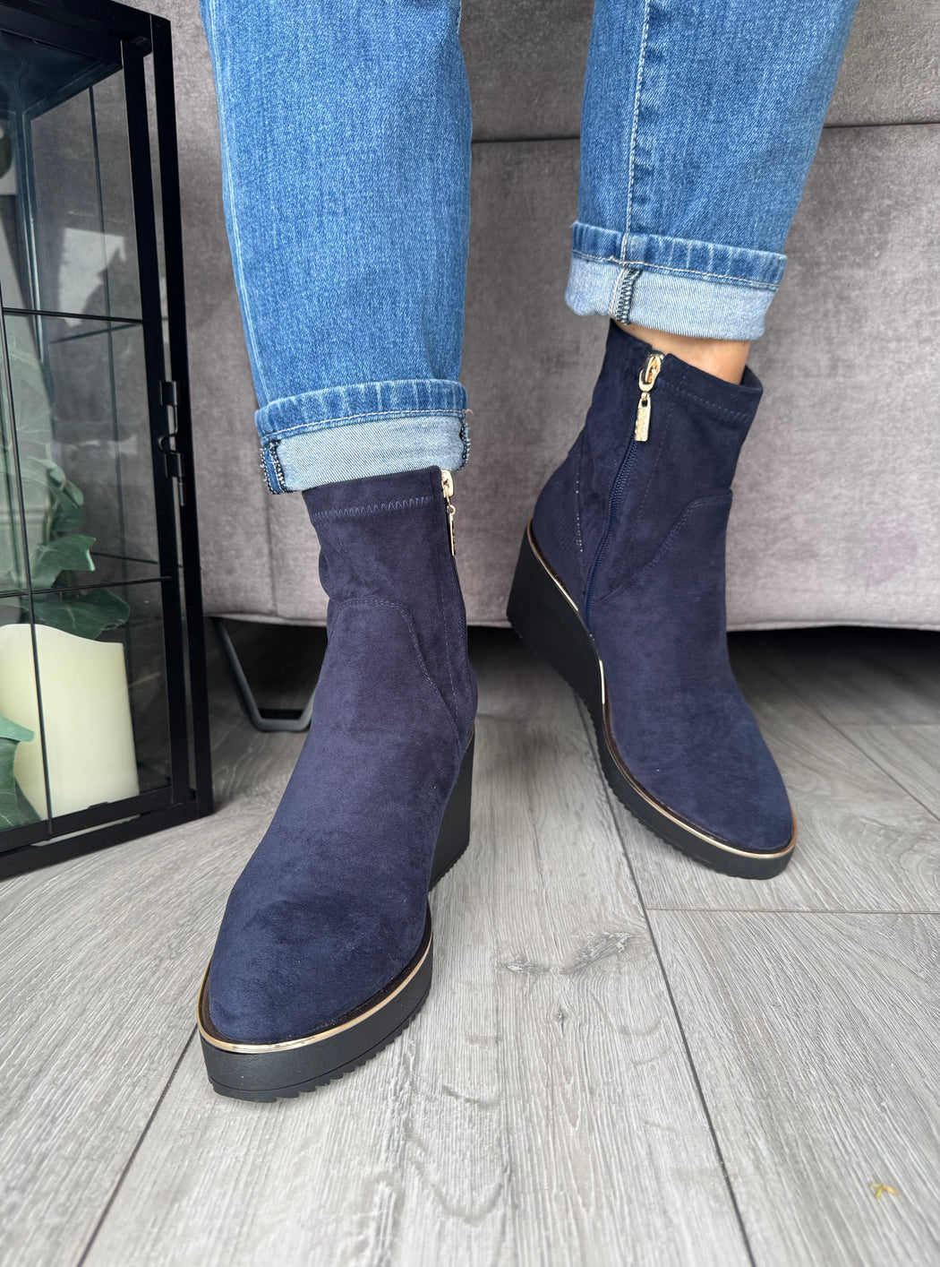 Poole sapphire navy wedge boots