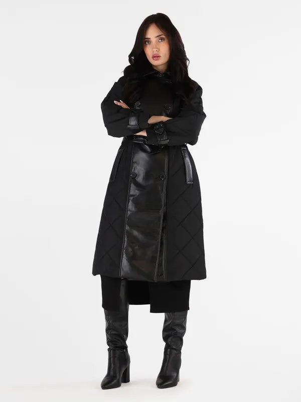 Guess Alexane faux leather mix Quilted Trench Coat. W5BL36W4070