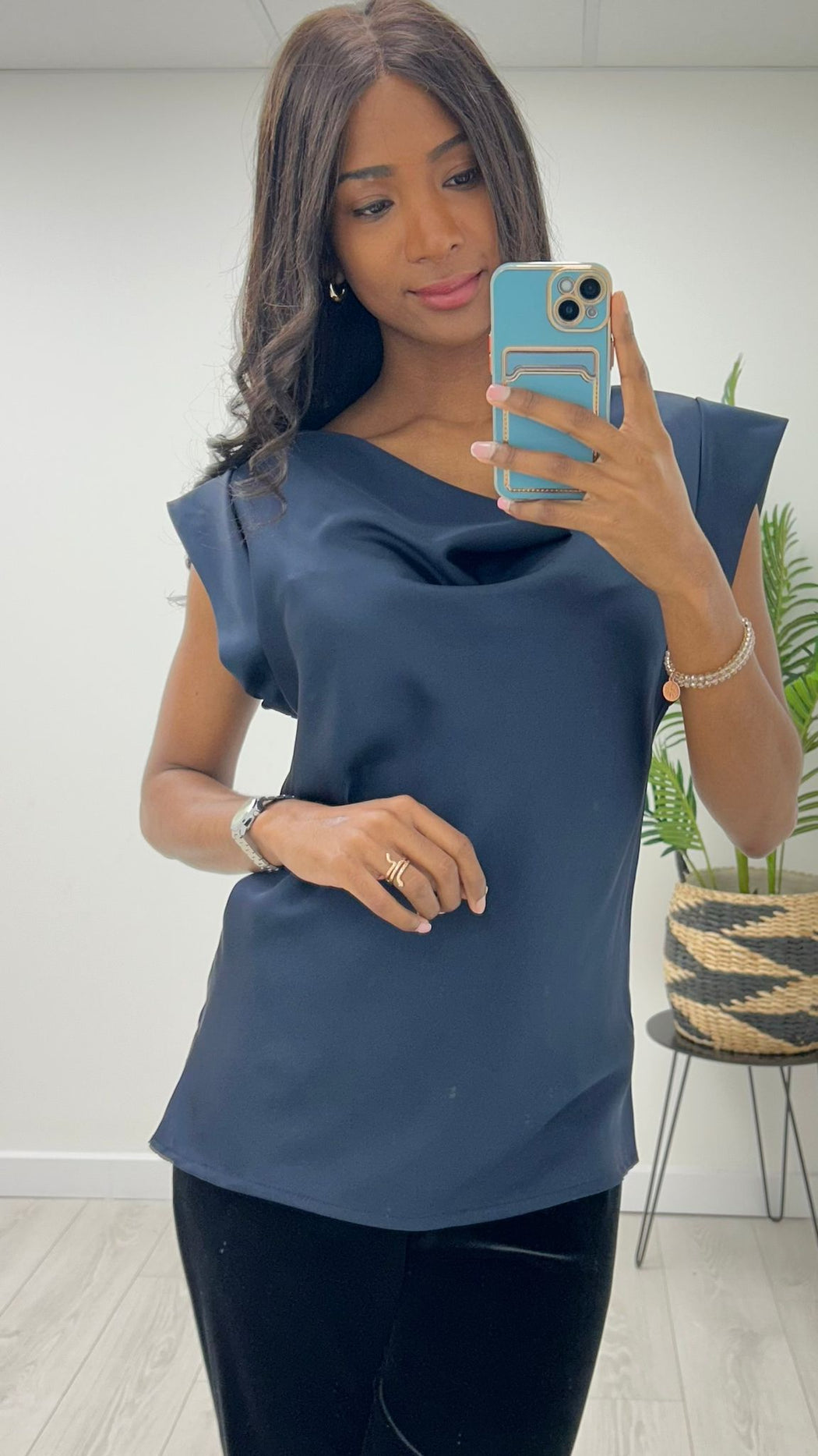 Satin navy cowl neck top