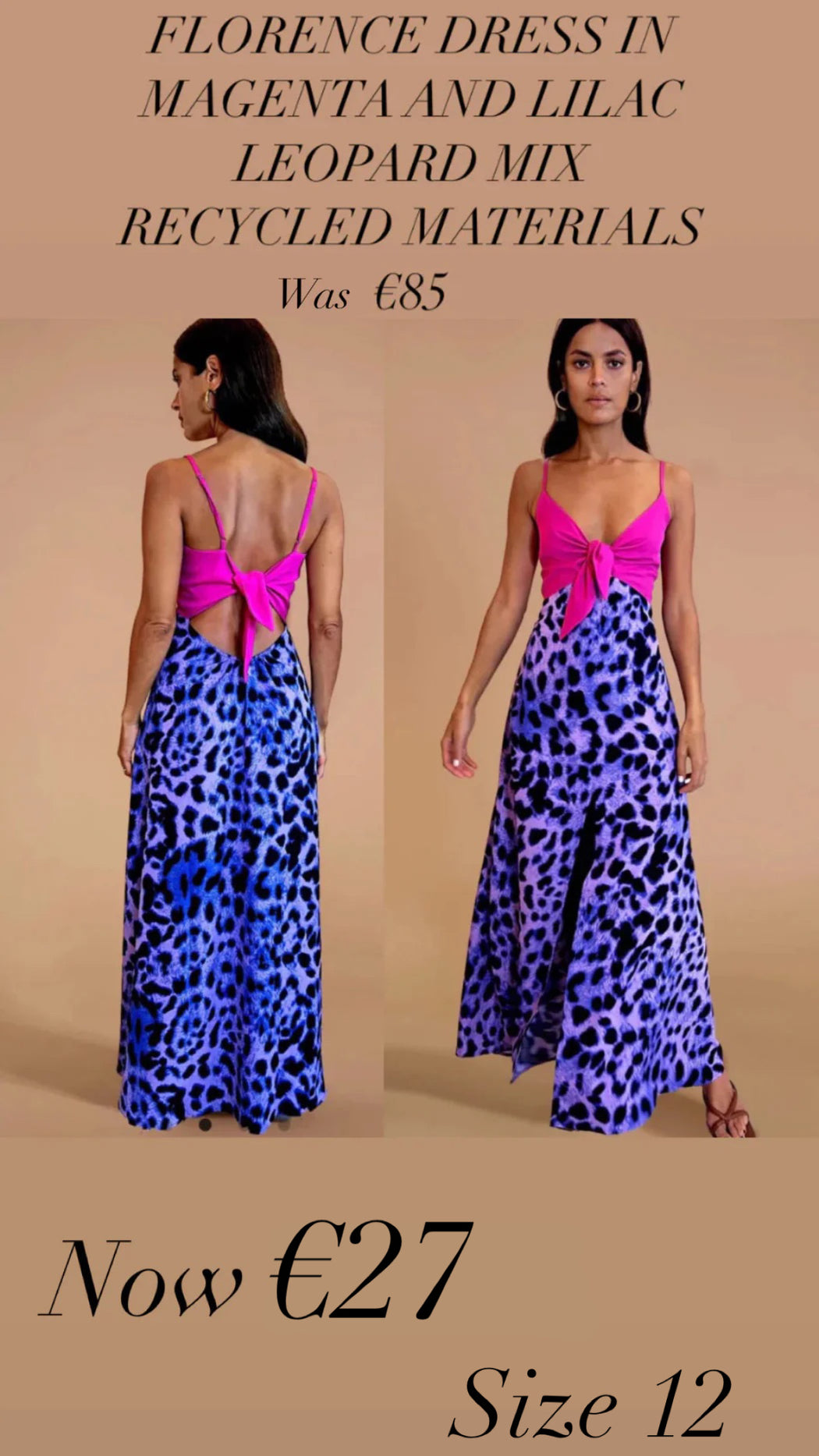 FLORENCE DRESS IN MAGENTA AND LILAC LEOPARD MIX
RECYCLED MATERIALS
