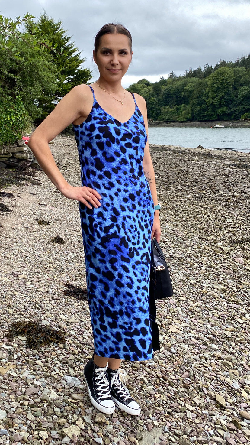 SIENNA MIDAXI SLIP DRESS IN BRIGHT BLUE LEOPARD