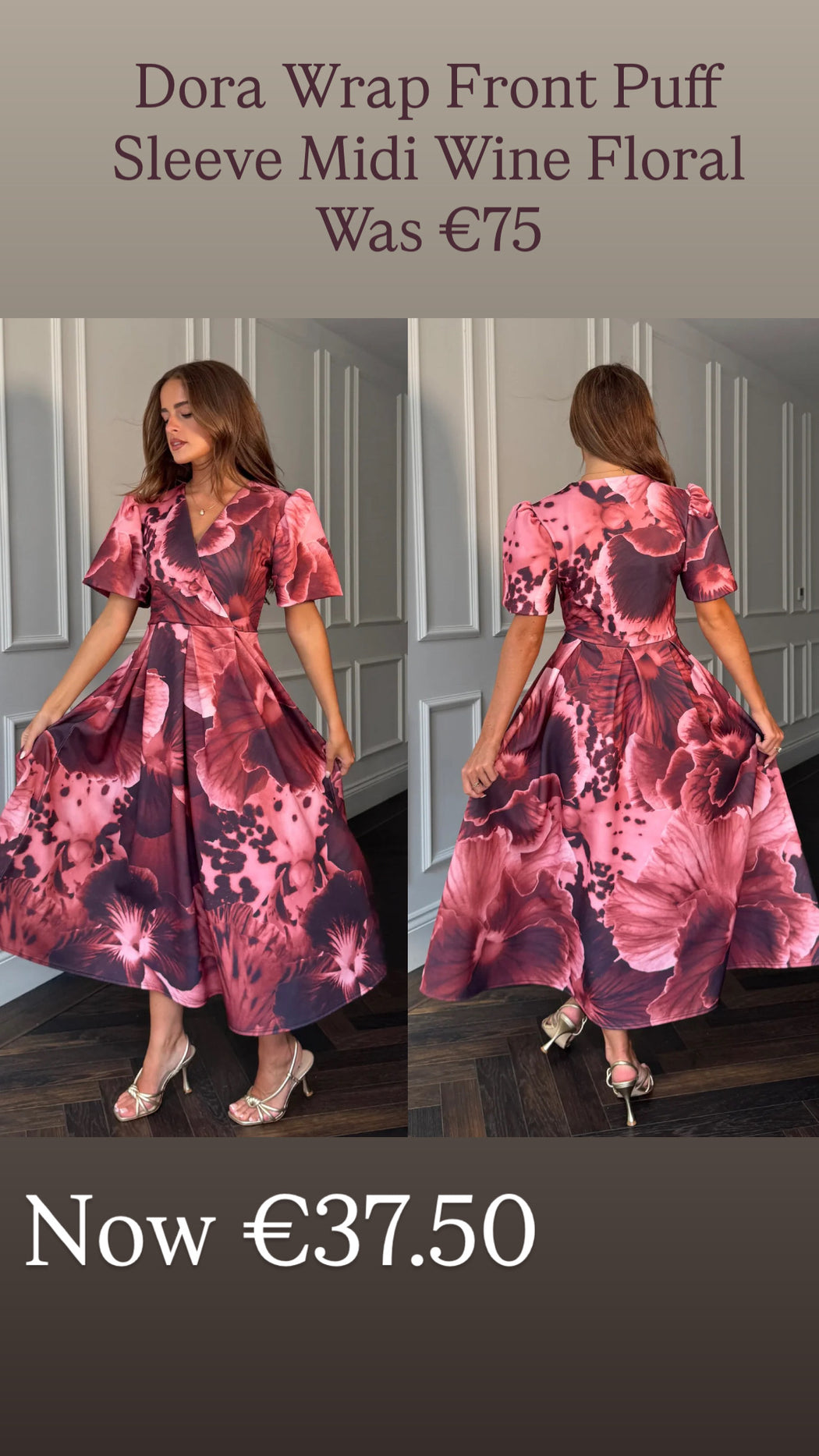 Dora Wrap Front Puff Sleeve Midi Wine Floral