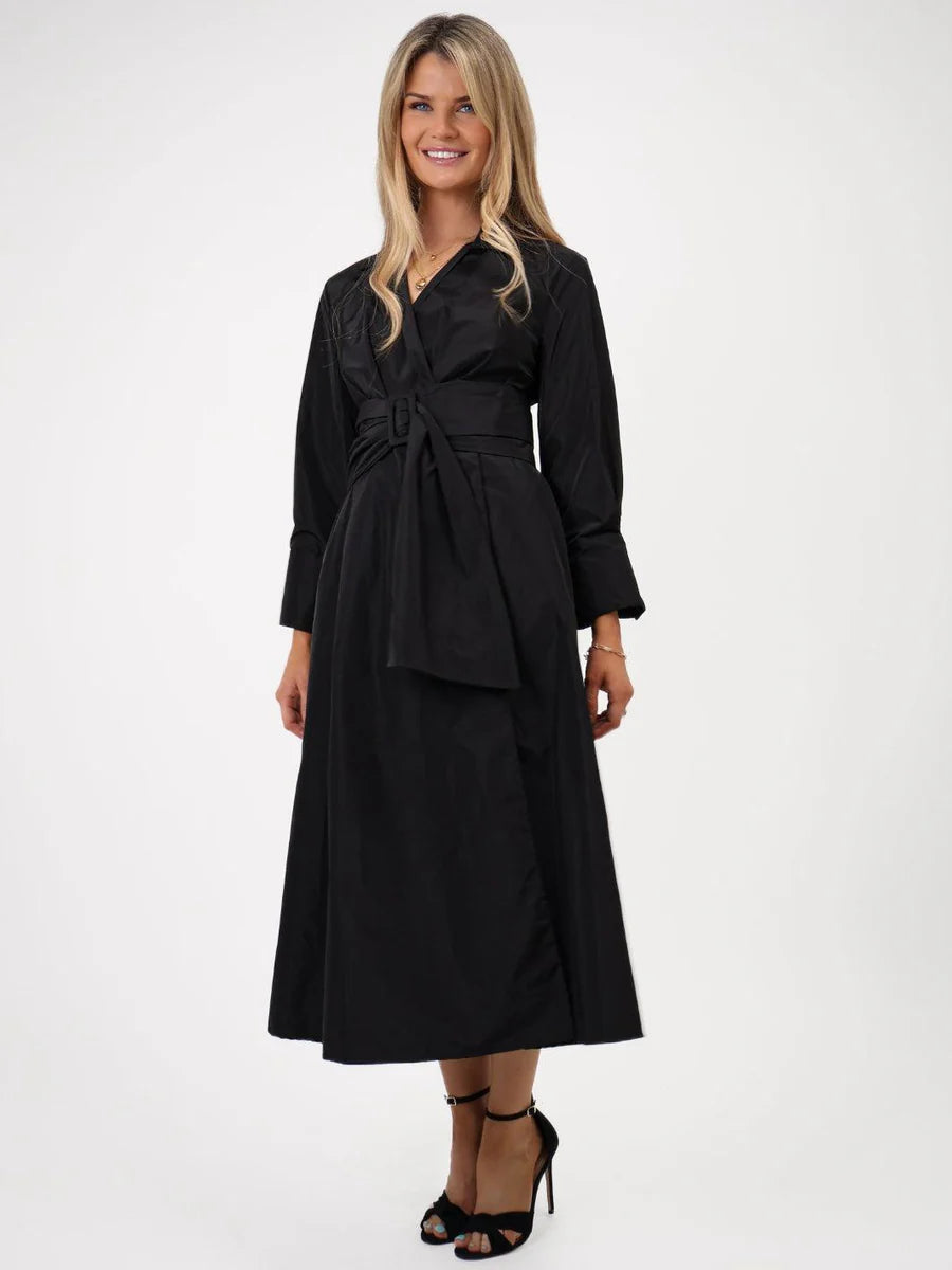 BLACK PENELOPE TAFFETA MIDI DRESS