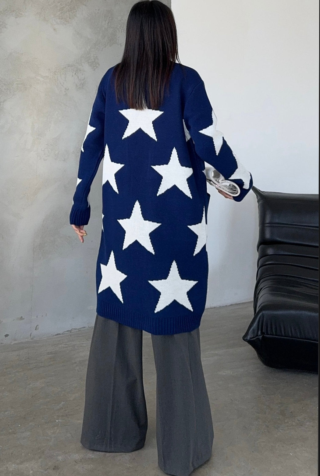 NAVY LONGLINE MIDI STAR CARDIGAN