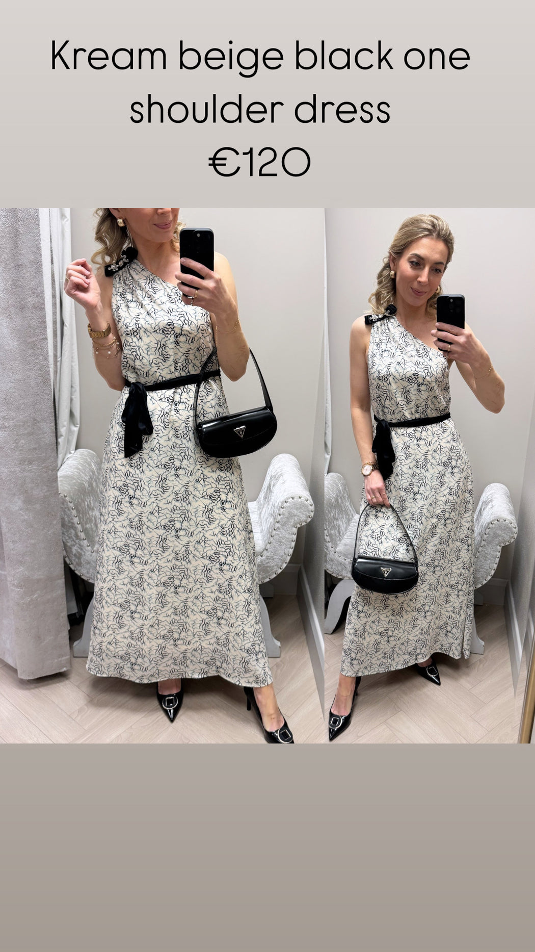 Kream beige black one shoulder dress