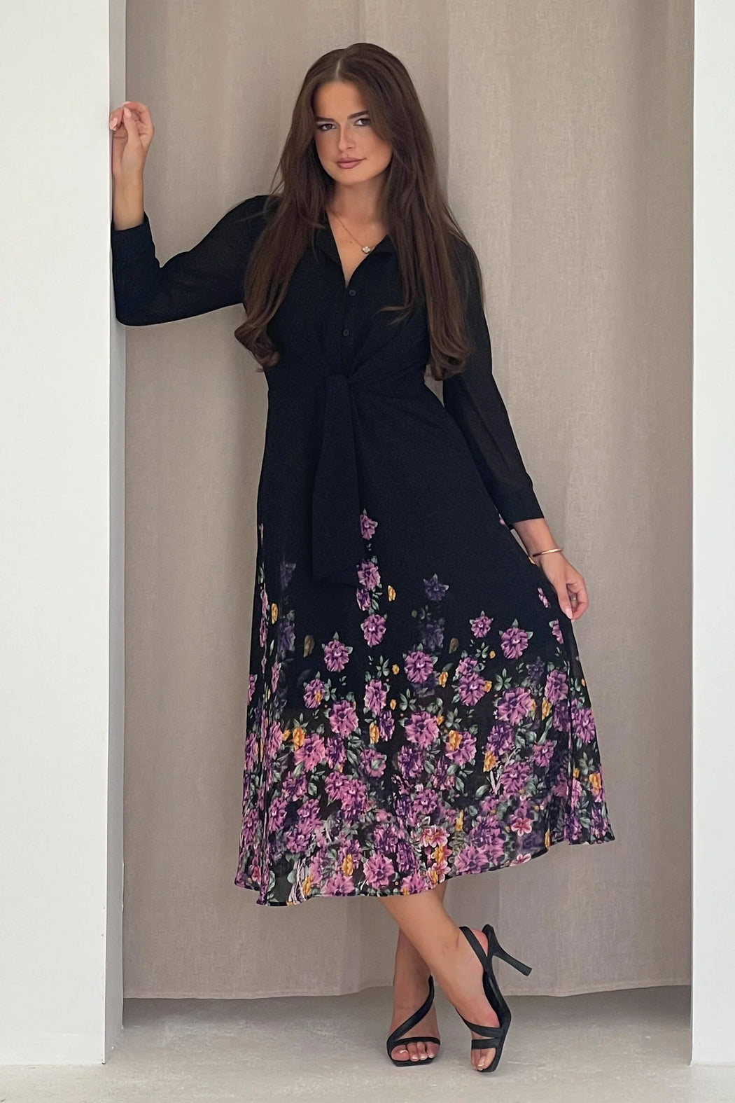 Isabella purple  Floral Tie Front Shirt Dress