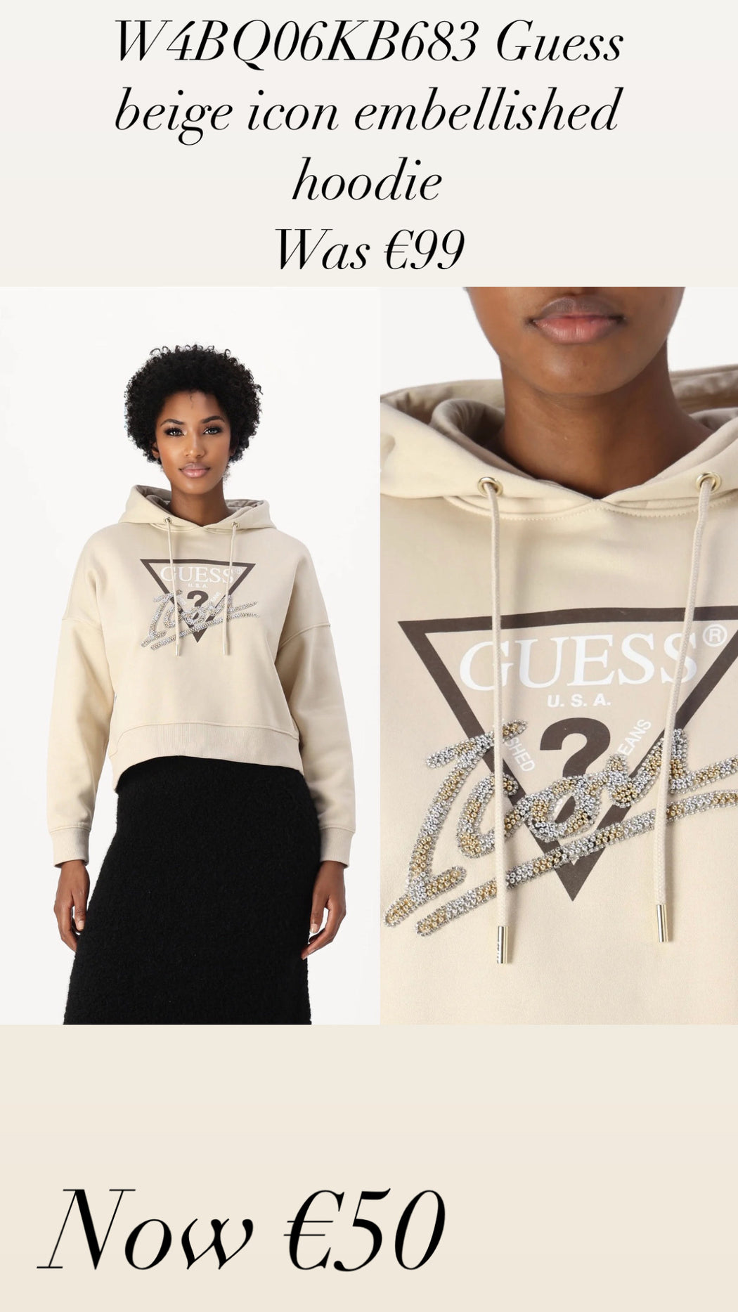 W4BQ06KB683 Guess beige icon embellished hoodie