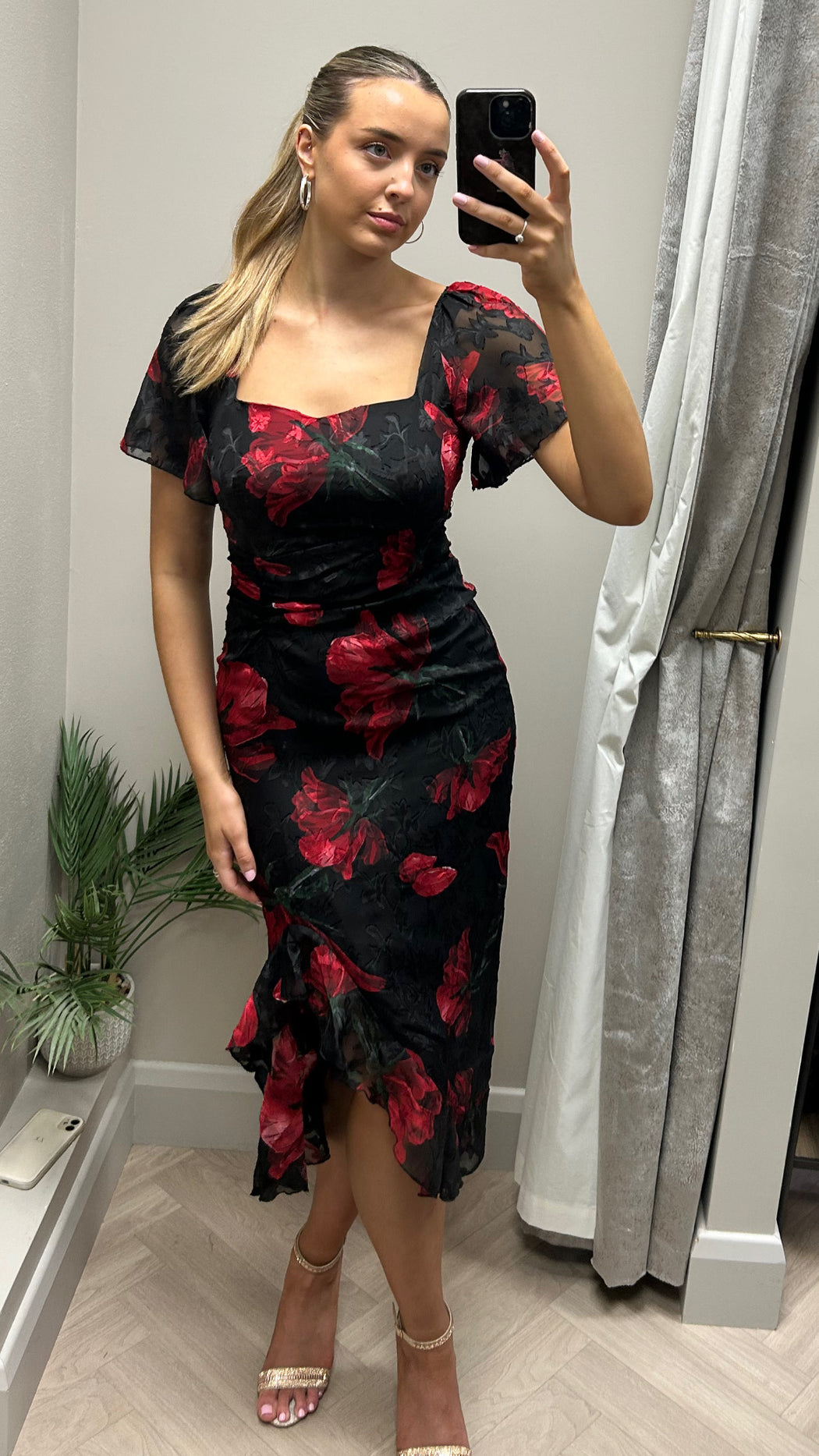 Heidi Black And Red Floral Ruched Midi Dress