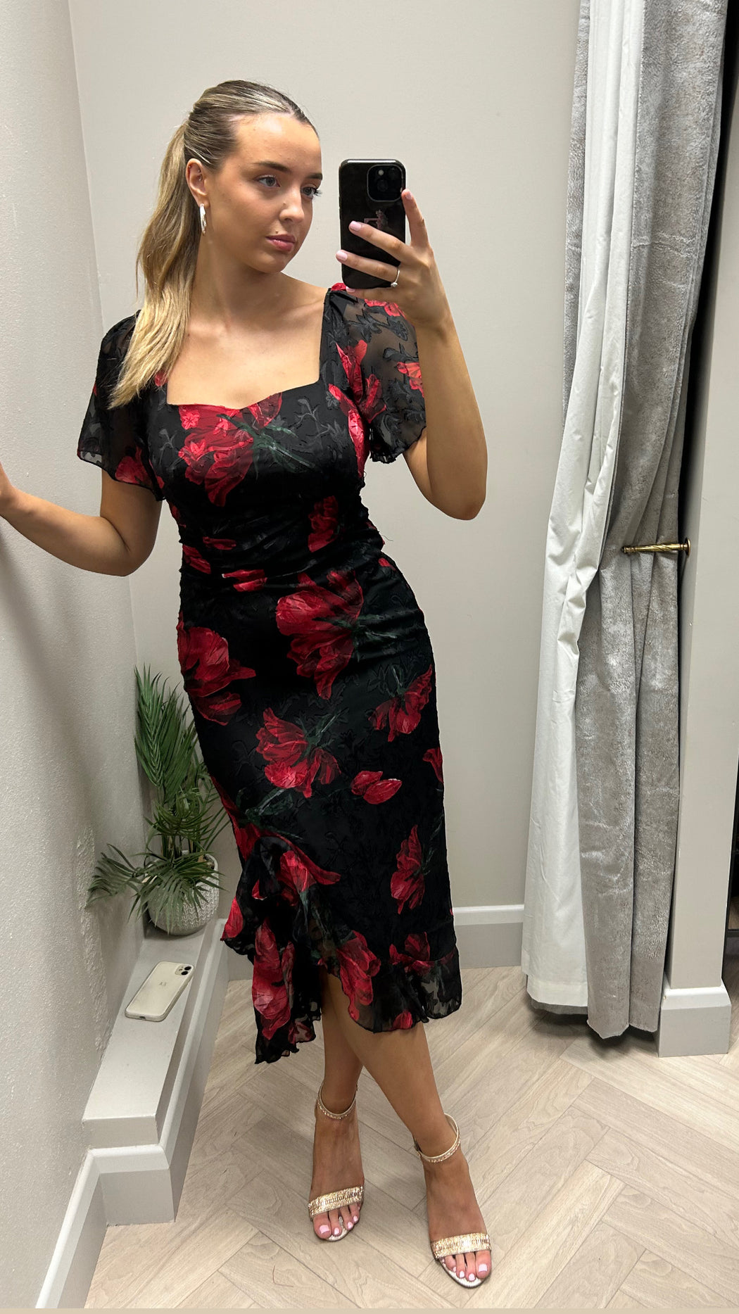 Heidi Black And Red Floral Ruched Midi Dress