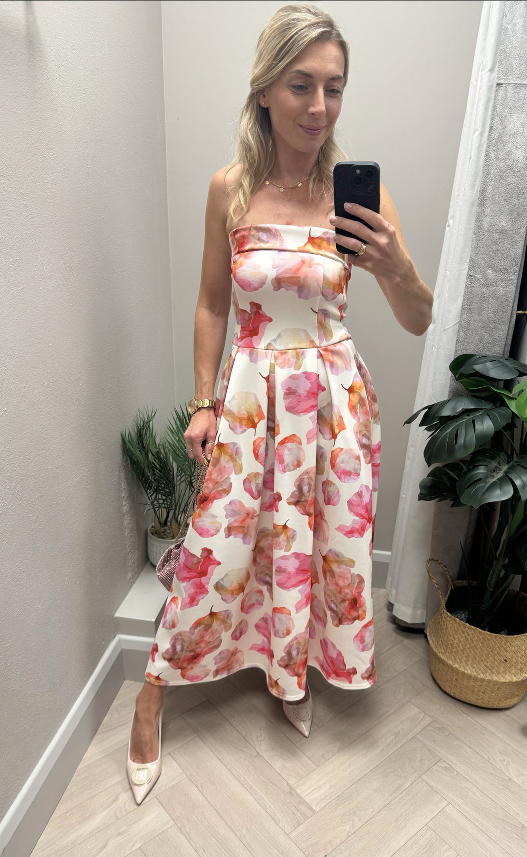 Danni Strapless Bandeau Midi Dress Pink Floral
