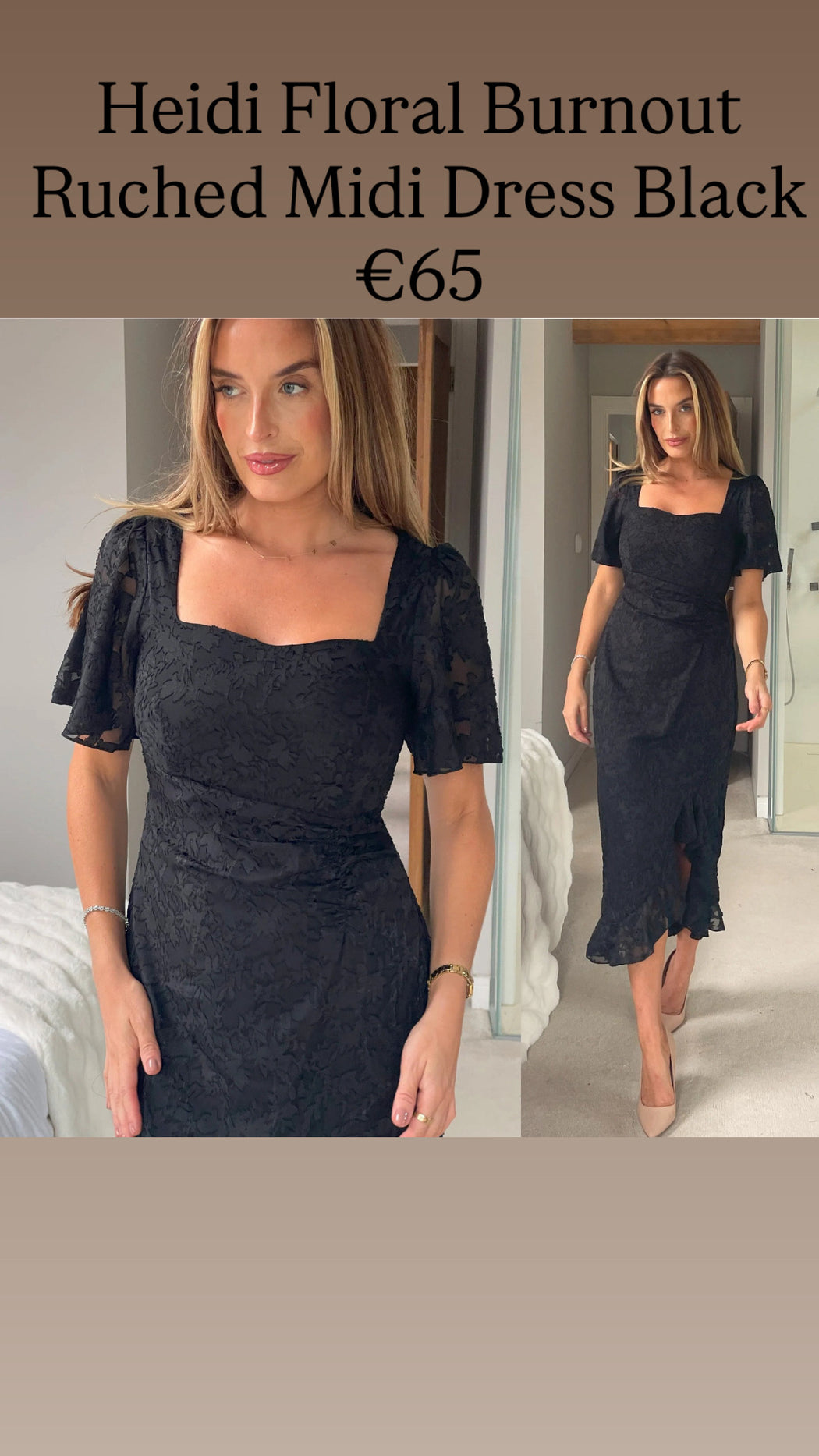 Heidi Floral Burnout Ruched Midi Dress Black