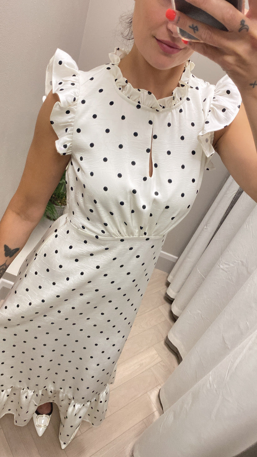 Polka Dot Satin Midi Dress - Cream