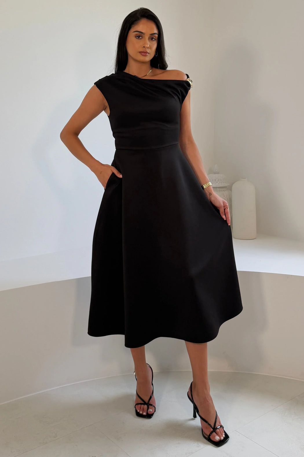 Tillie Gold Trim Asymmetric Neck Midi Dress Black