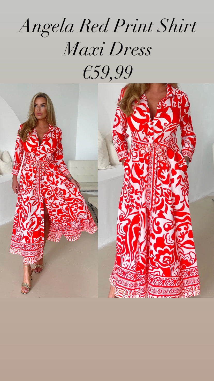 Angela Red Print Shirt Maxi Dress