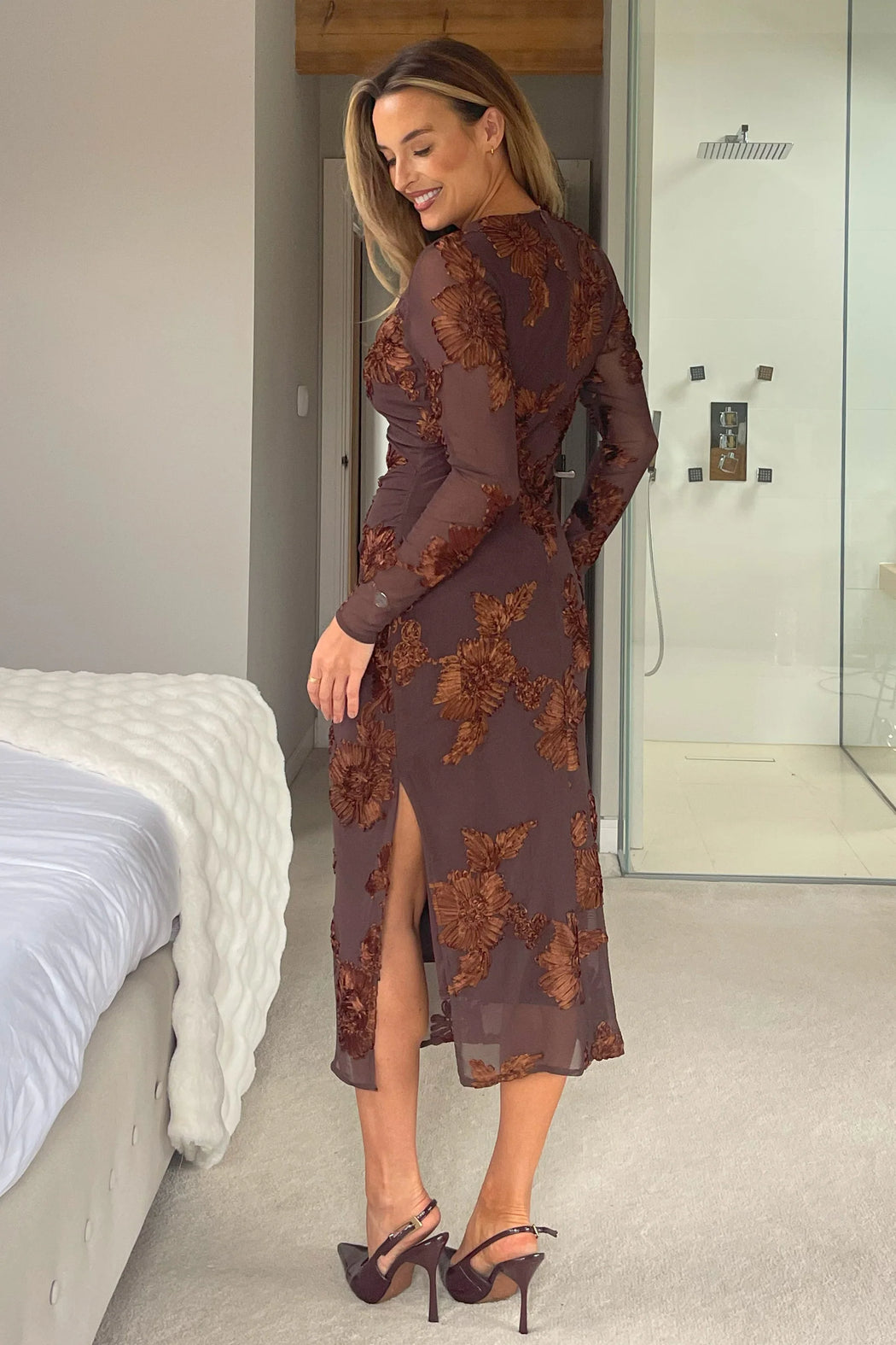 Elodie Floral Embroidered Mesh Bodycon Dress Brown