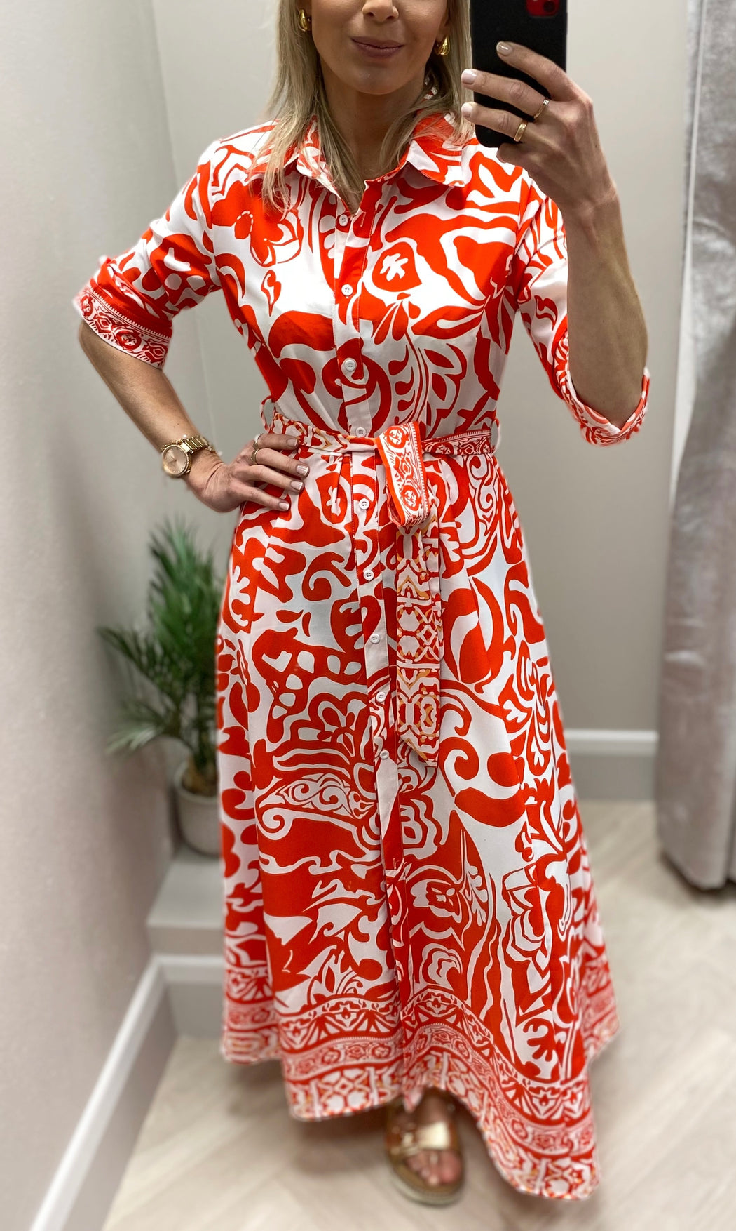 Angela Red Print Shirt Maxi Dress