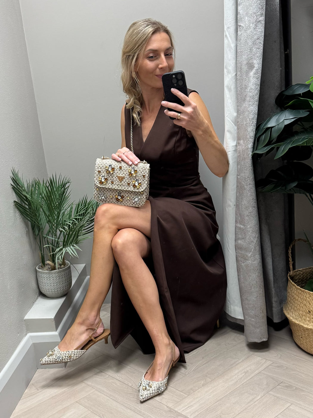 Hazel Tailored Sleeveless Midi Dress Brown