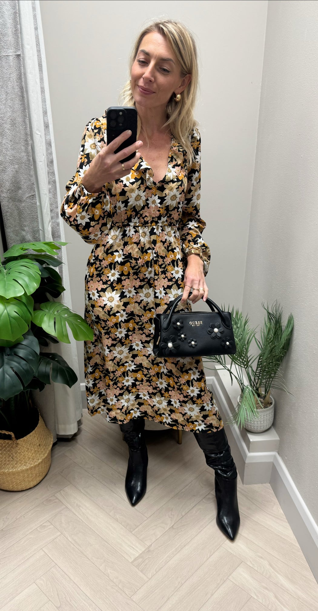 Cinch black floral print dress