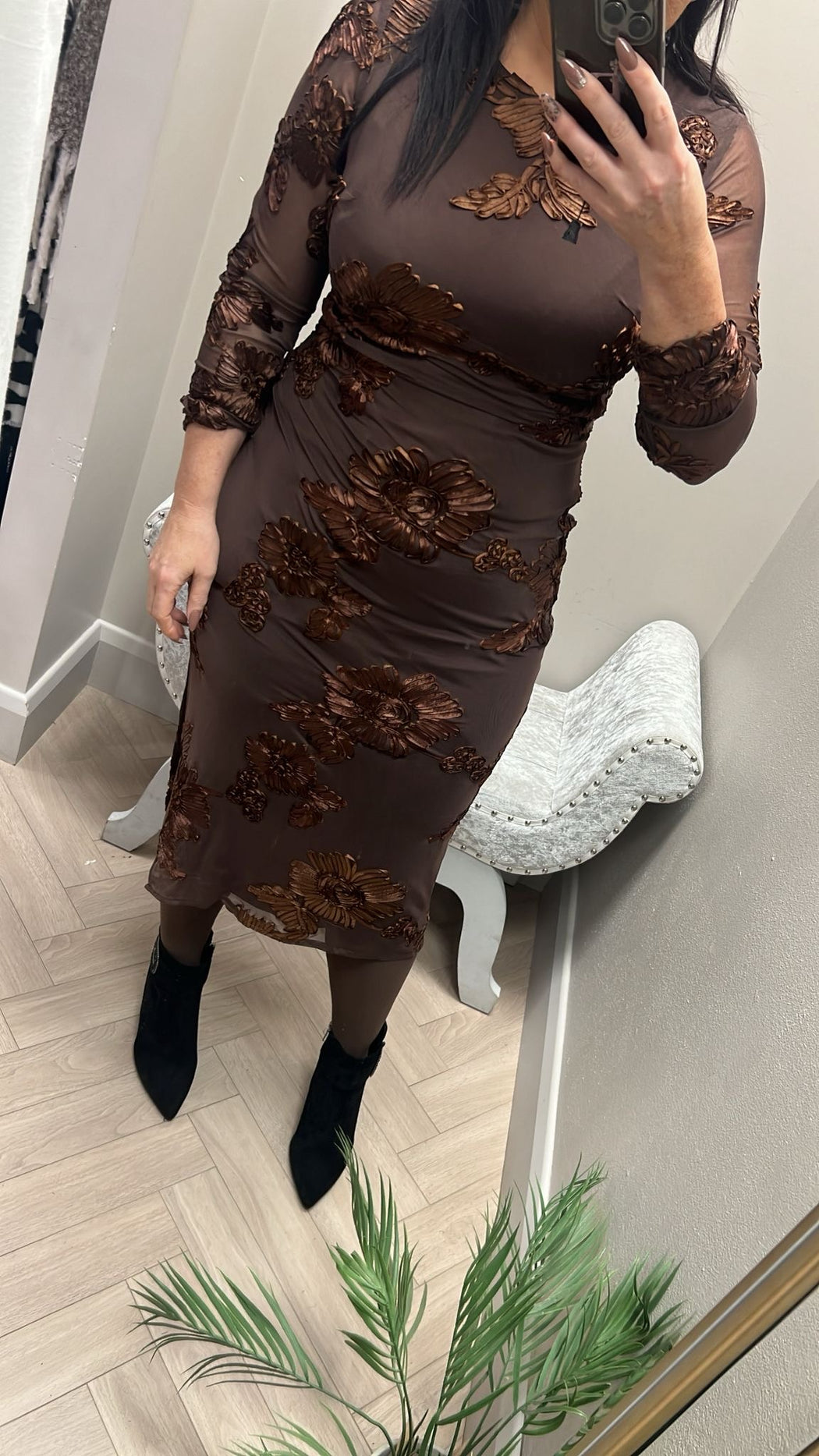 Elodie Floral Embroidered Mesh Bodycon Dress Brown