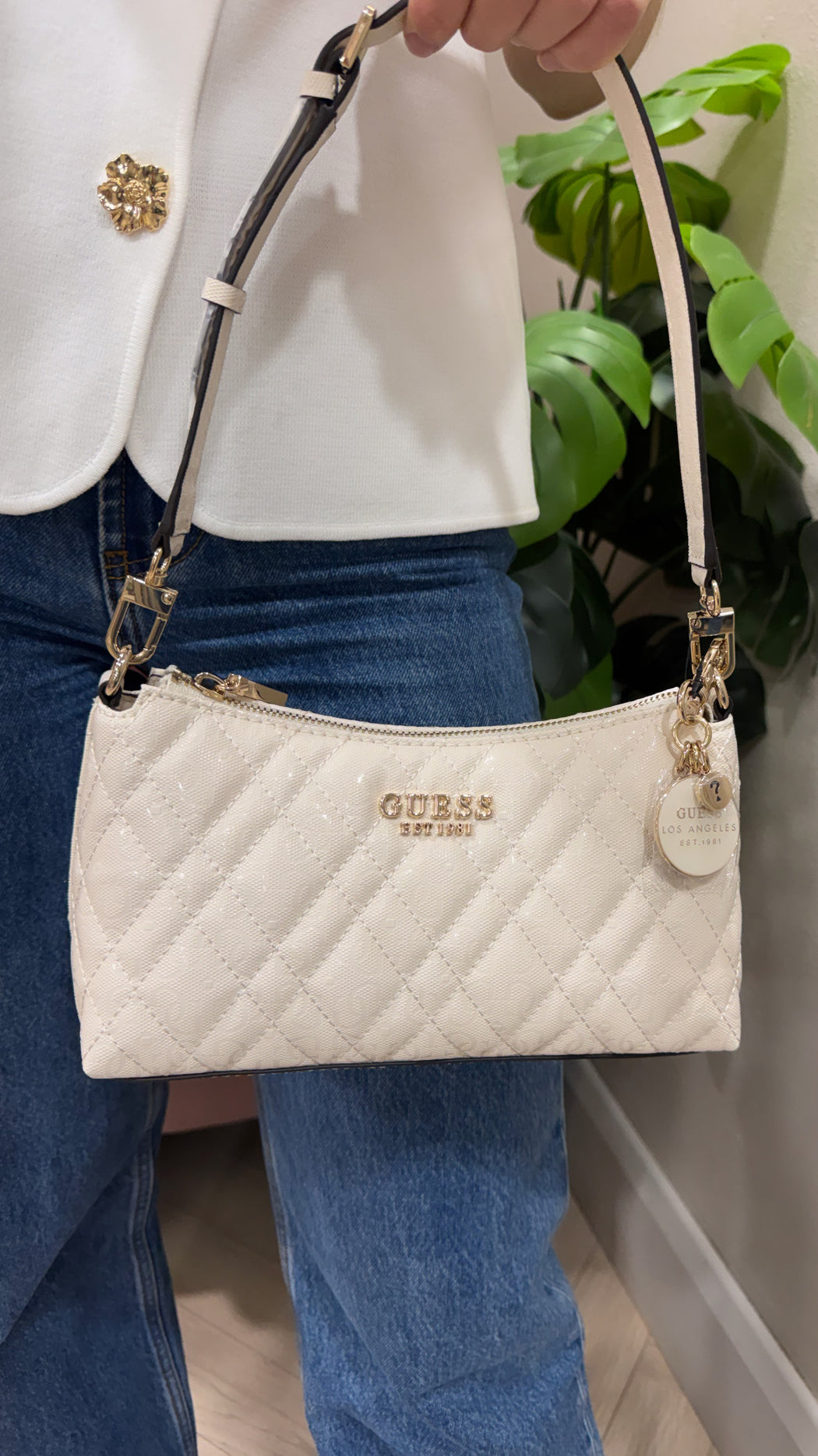 Guess off White Logo Isemay Shoulder Bag