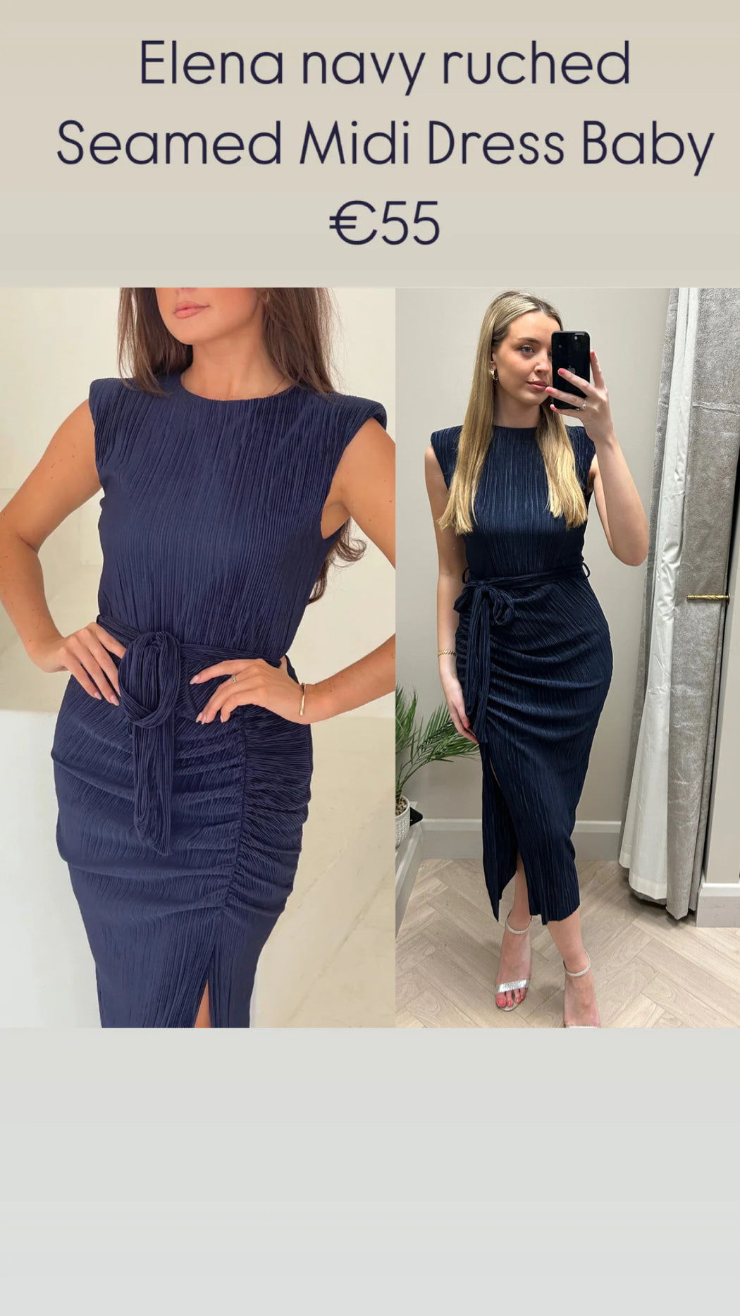Elena navy ruched  Seamed Midi Dress Baby