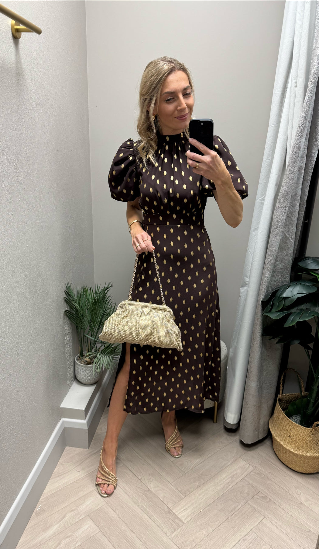 Lilith Brown & Gold Puff Sleeve High Neck Midi Dress