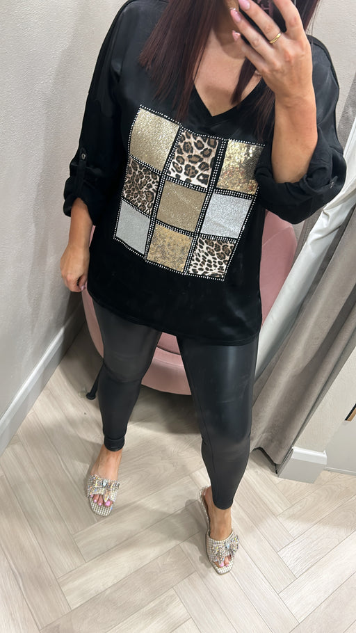 Black satin leopard top