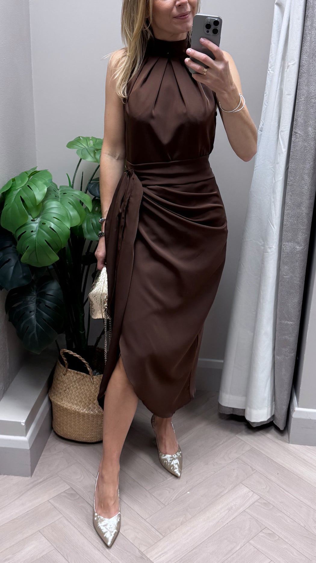 Priya Tie Waist Halter Neck Midi Dress Brown