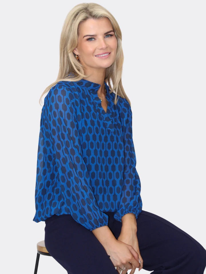 Bella band top in blue geo print