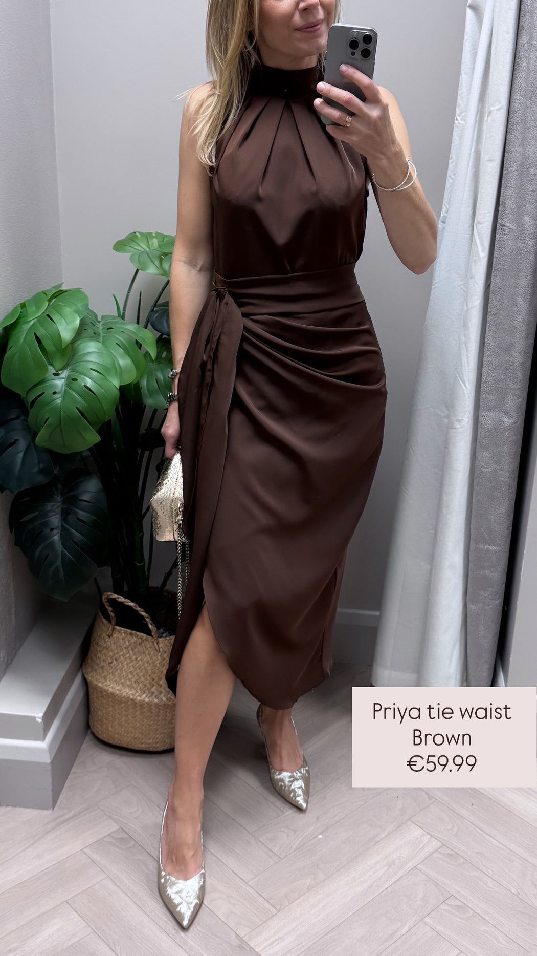 Priya Tie Waist Halter Neck Midi Dress Brown