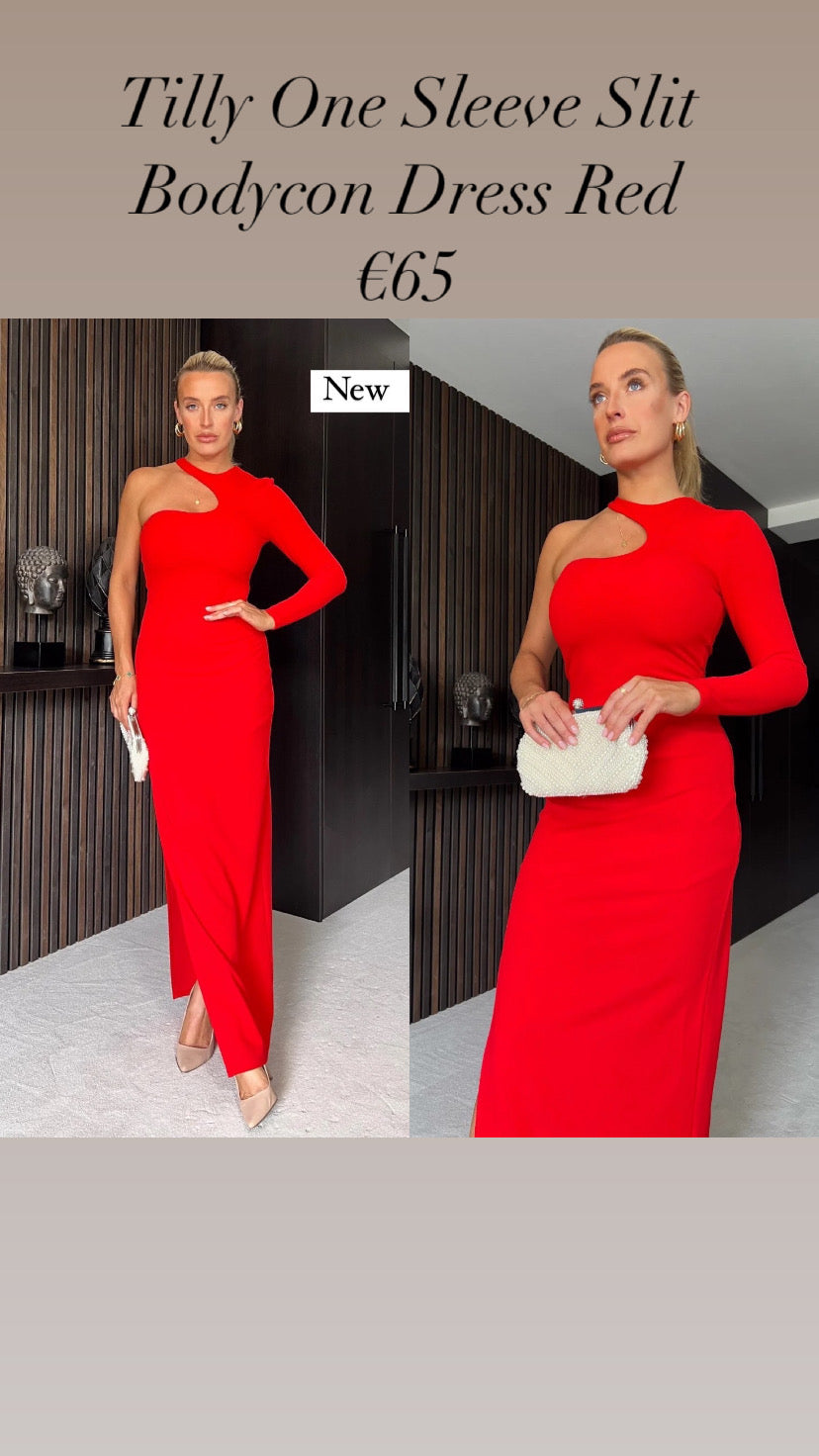 Tilly One Sleeve Slit Bodycon Dress Red