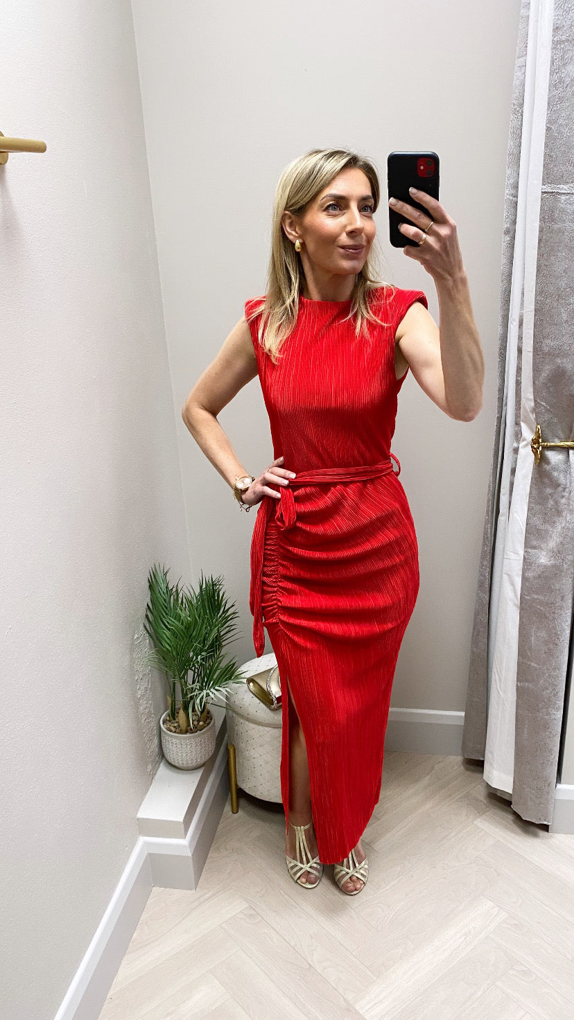 Elena  red Ruched seamed Midi Dress