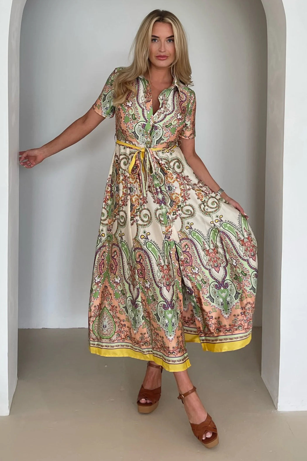 Aurora Maxi Green Border Print Shirt Dress