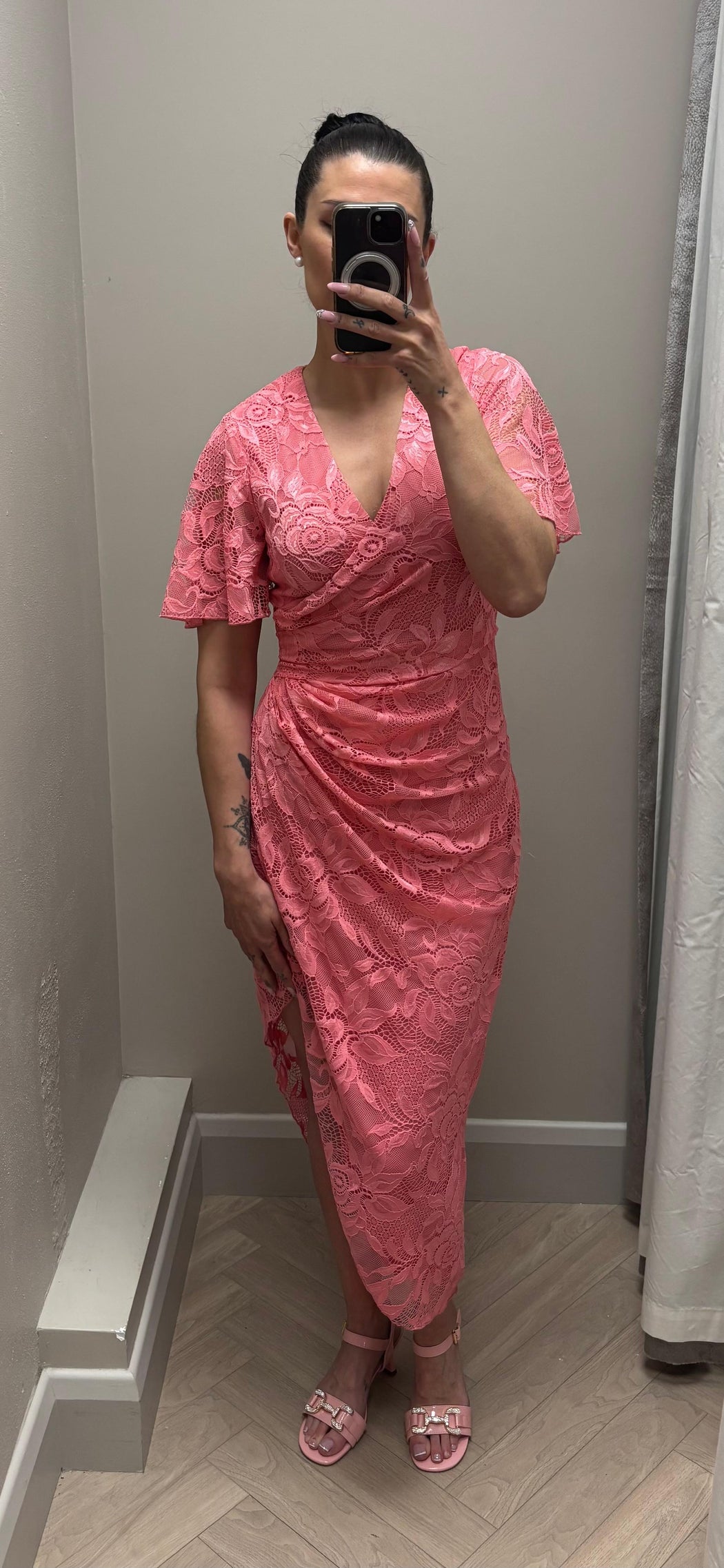Natasha Angel Sleeve Wrap Midi Dress In Pink Lace