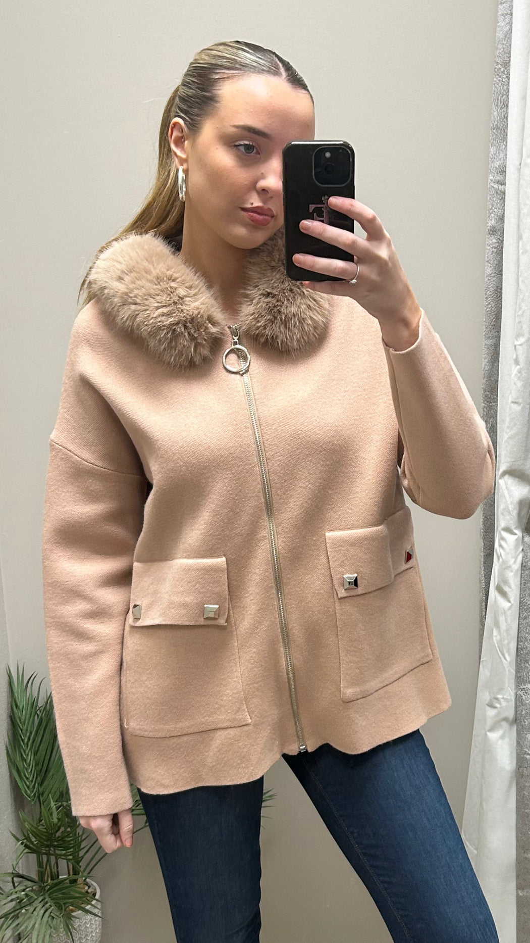 Beige hooded zip fur hood coatigan