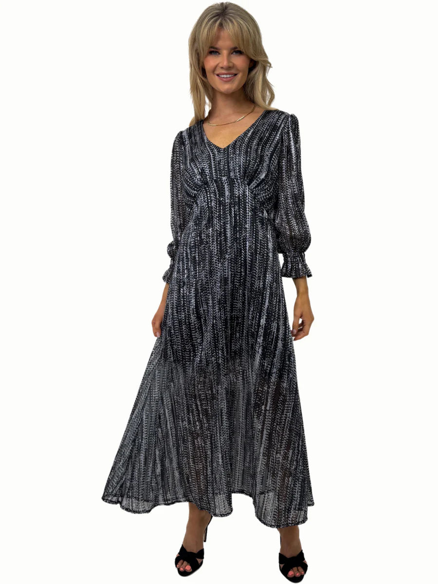 STREASA BLACK GREY PRINT MIDI DRESS