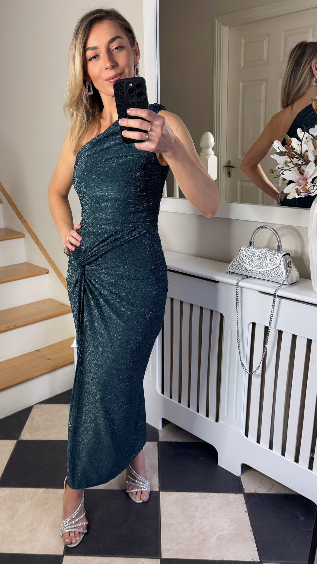 Da1952 Teal Sparkle One Shoulder Gathered Midi Dress