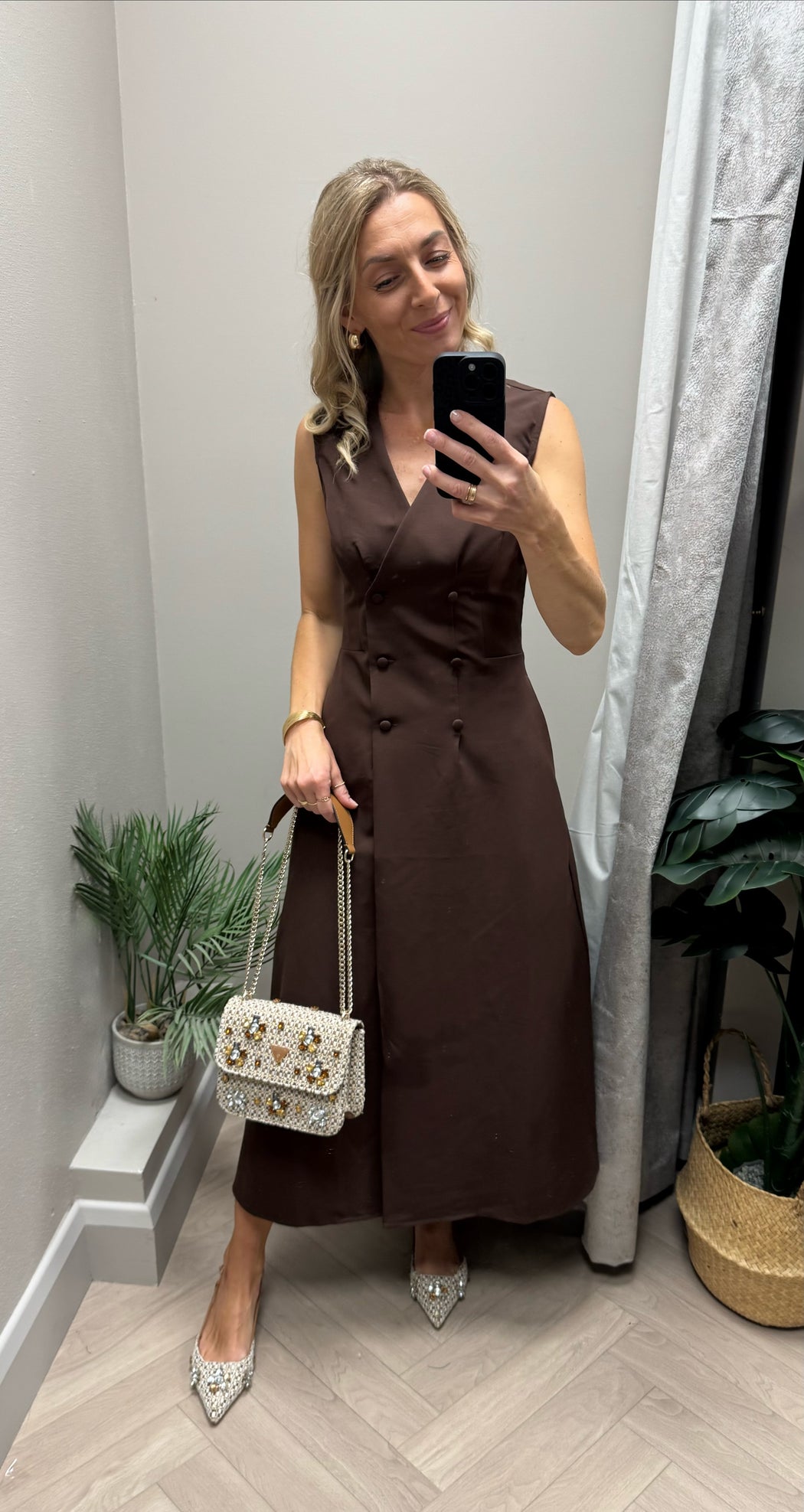 Hazel Tailored Sleeveless Midi Dress Brown