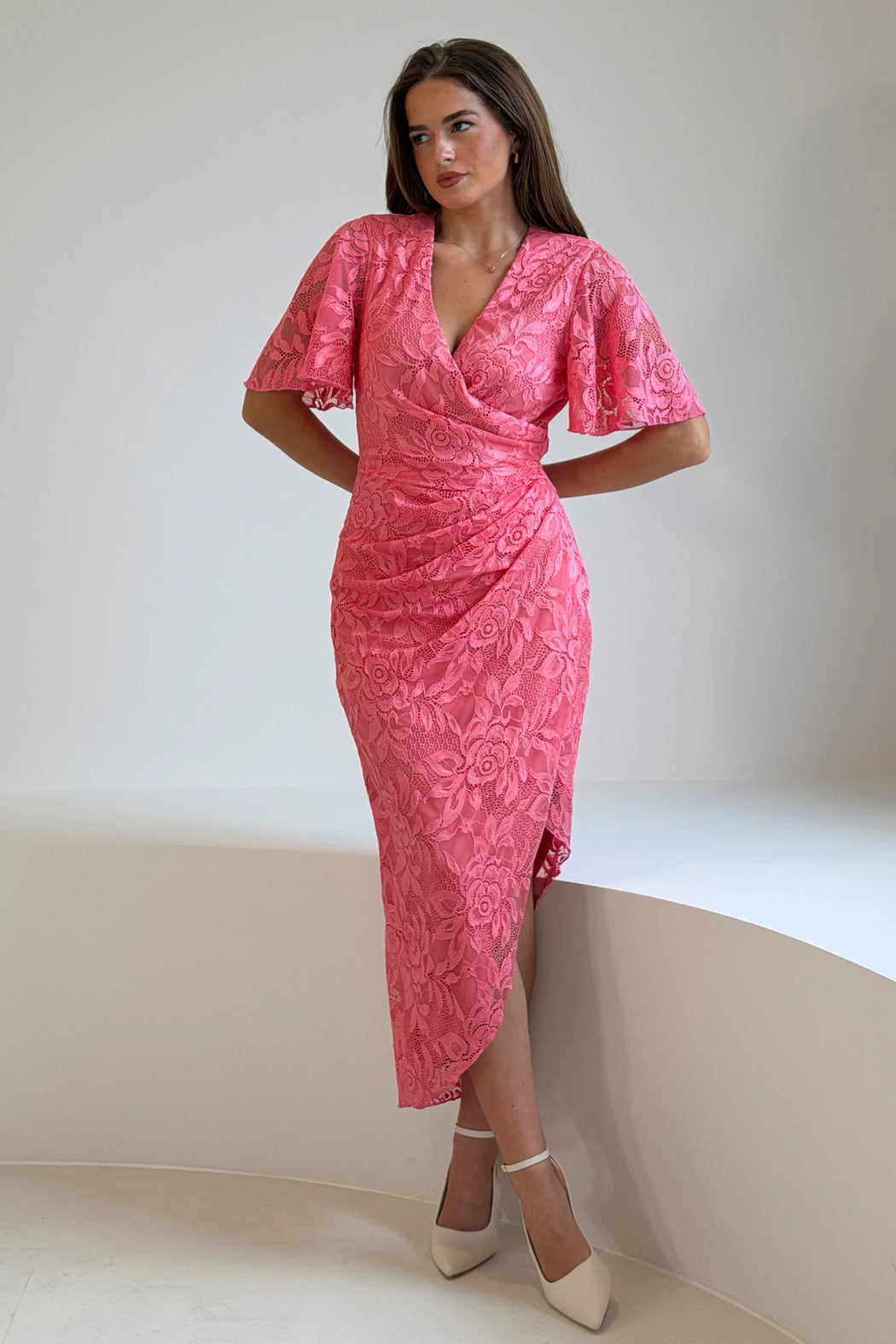 Natasha Angel Sleeve Wrap Midi Dress In Pink Lace