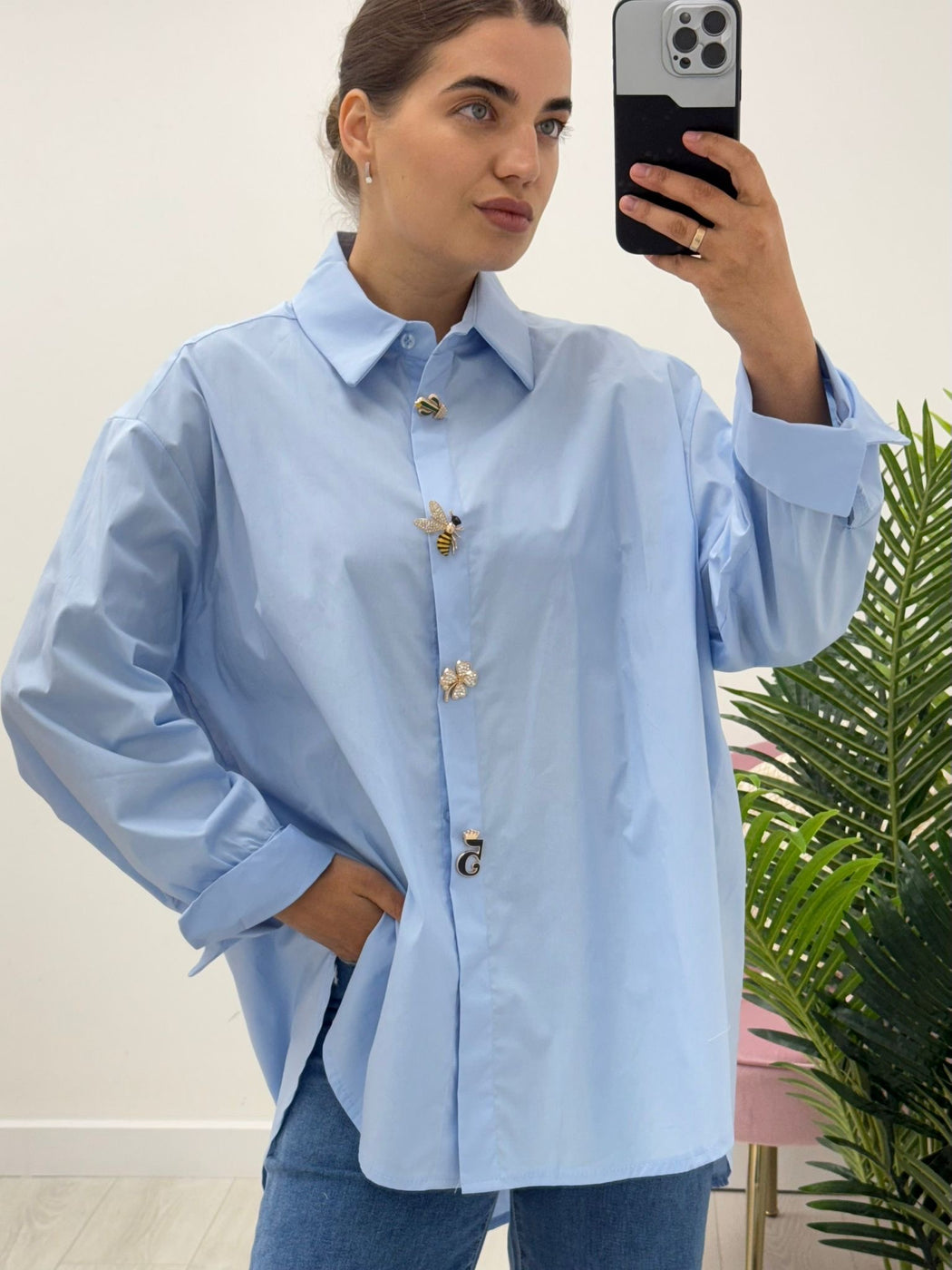 Suzie Blue oversized shirt with button detail