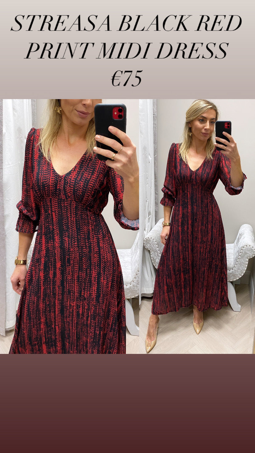 STREASA BLACK RED PRINT MIDI DRESS