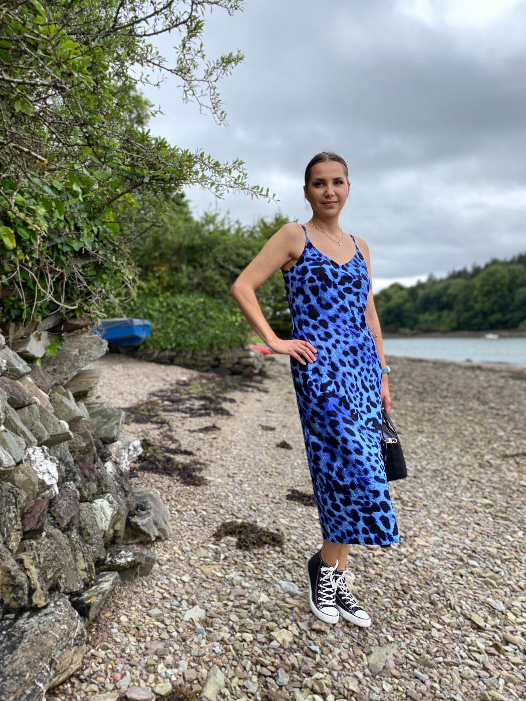 SIENNA MIDAXI SLIP DRESS IN BRIGHT BLUE LEOPARD