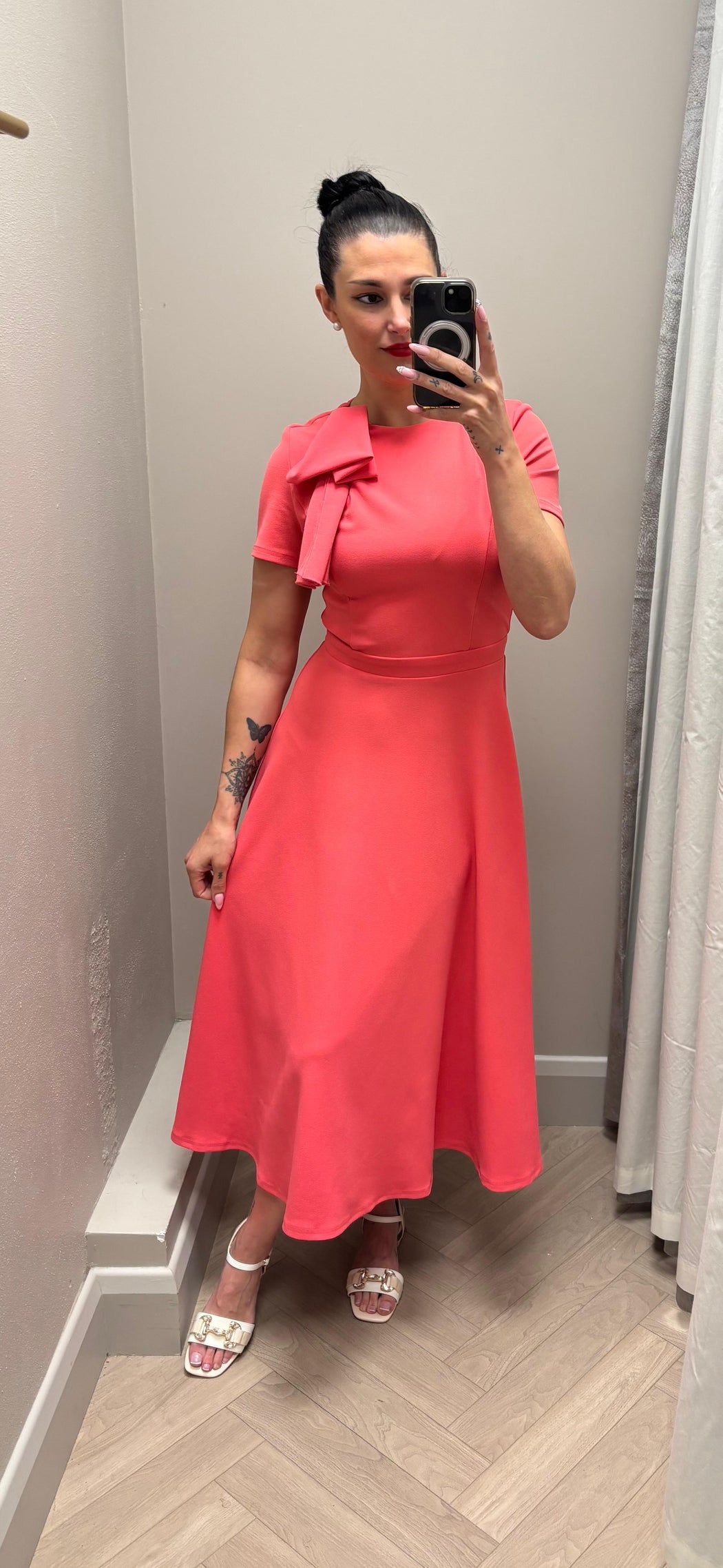 Minta Bow Detail Short Sleeve Midi Dress Coral