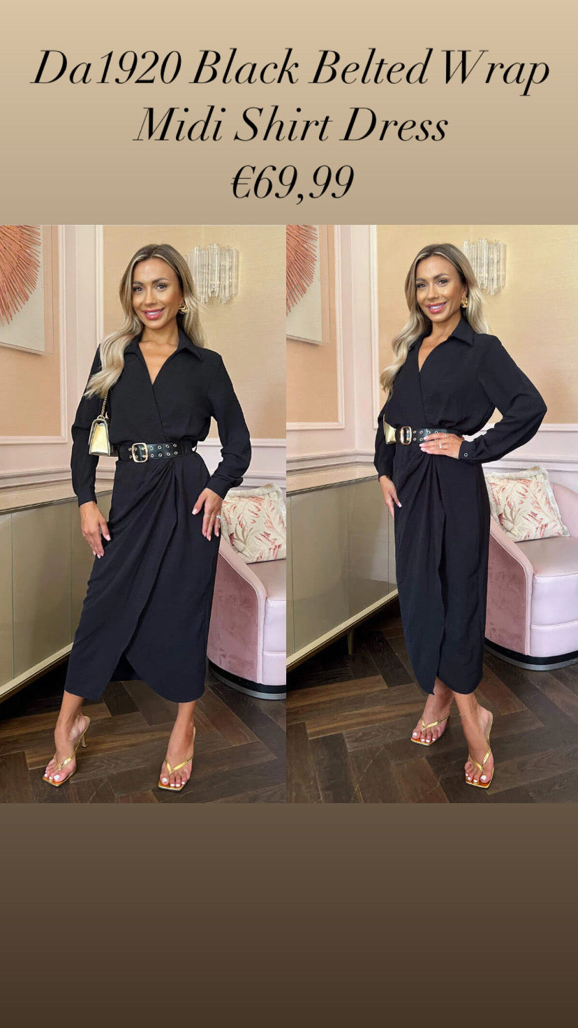 Da1920 Black Belted Wrap Midi Shirt Dress