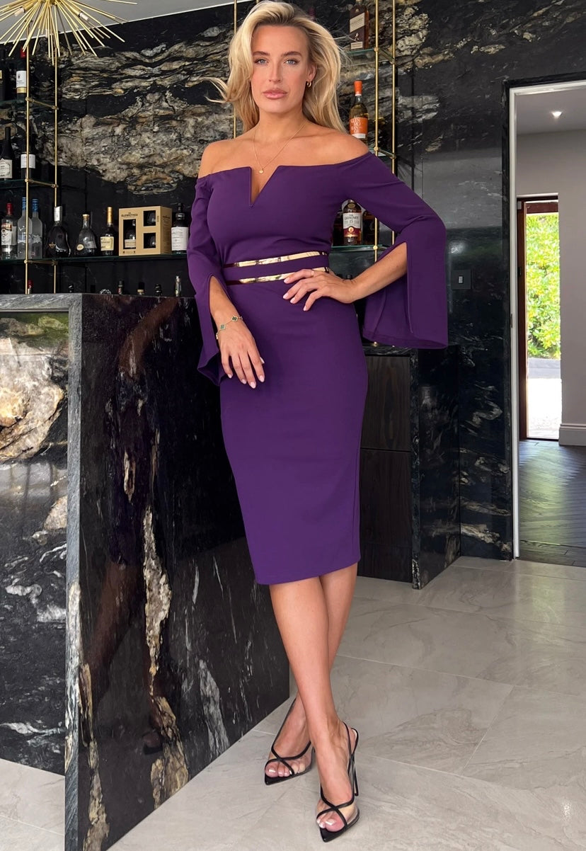 Isabelle Bardot Split Flare Sleeves Midi Dress Purple