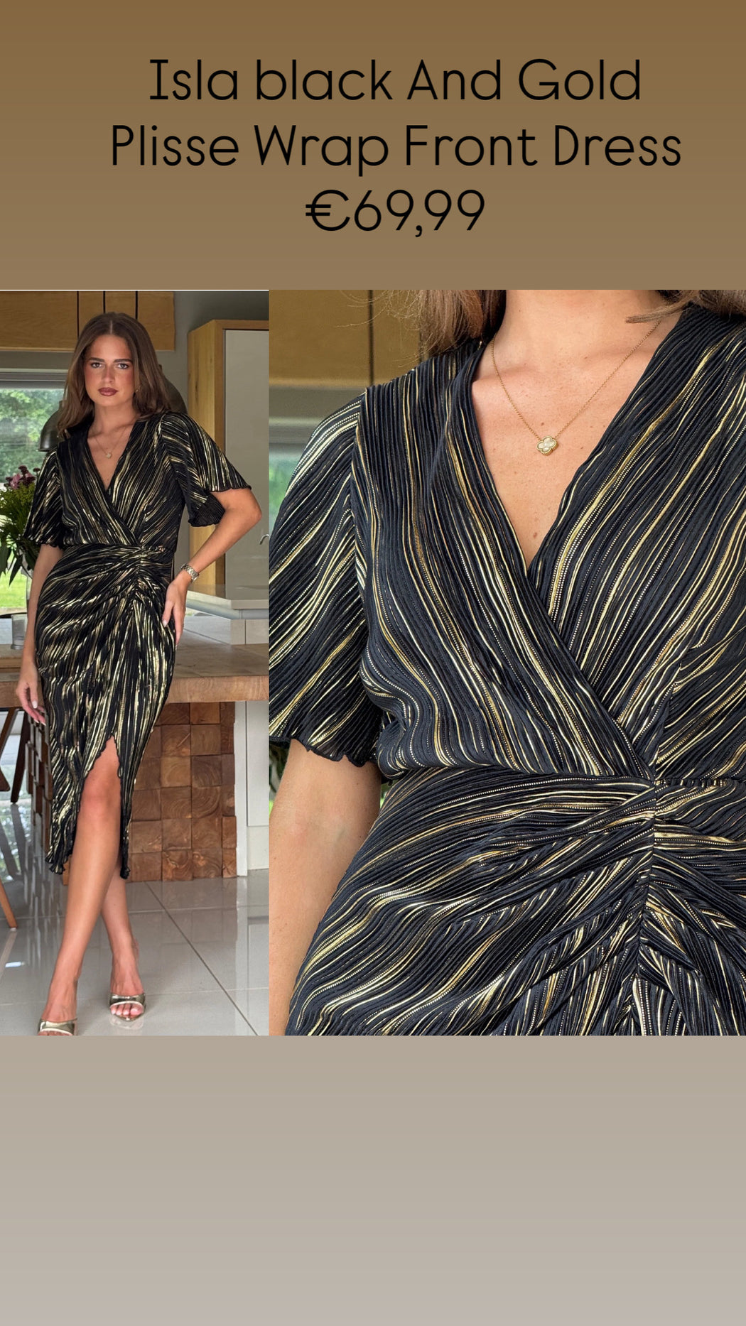Isla black And Gold Plisse Wrap Front Dress